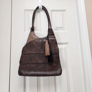 espe hobo style faux leather‎ brown and tan shoulder bag tassels boho